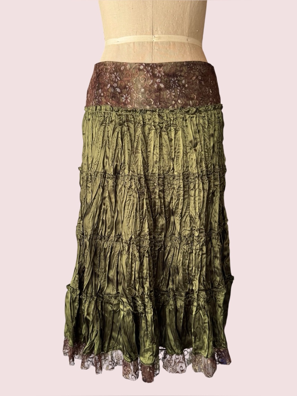 Vintage Y2K Fang Green Crinkle Satin Lace Skirt